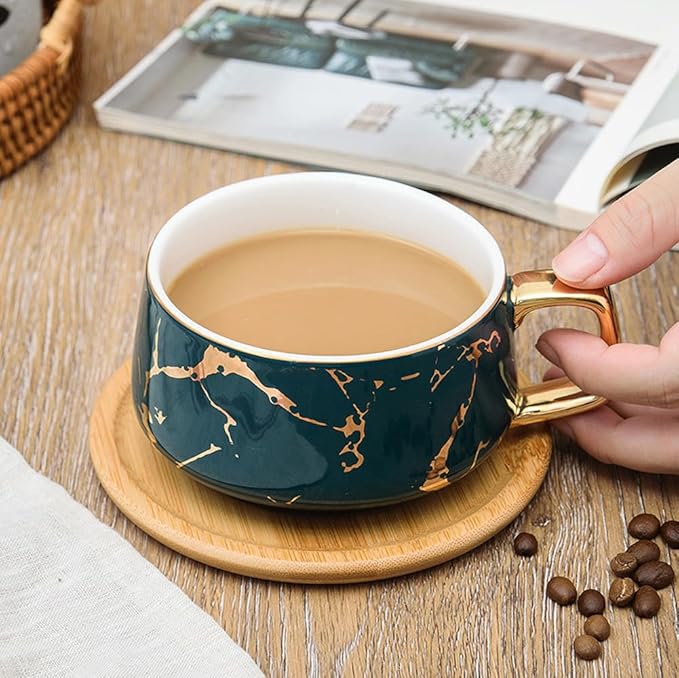 YBK Tech Porcelain Tea Cup Coffee Mug Set for Afternoon Tea - Marble Pattern (Green, Short 300ml + wood saucer)