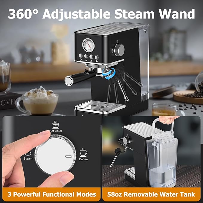 Spacekey Espresso Machine with Milk Frother, 20 Bar Professional Espresso Maker Semi-Automatic Espresso Coffee Machines for Home, Cappuccino, Latte Maker with 58oz Removable Water Tank, Black