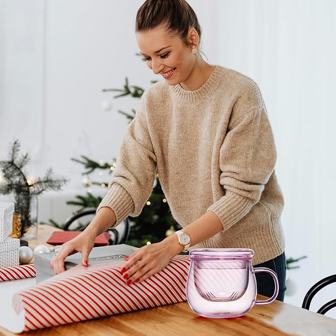 11oz Pink Glass Tea Cup with Infuser and Lid– Versatile and Elegant Gift for Women, Perfect for Loose Leaf Tea and Other Beverages.