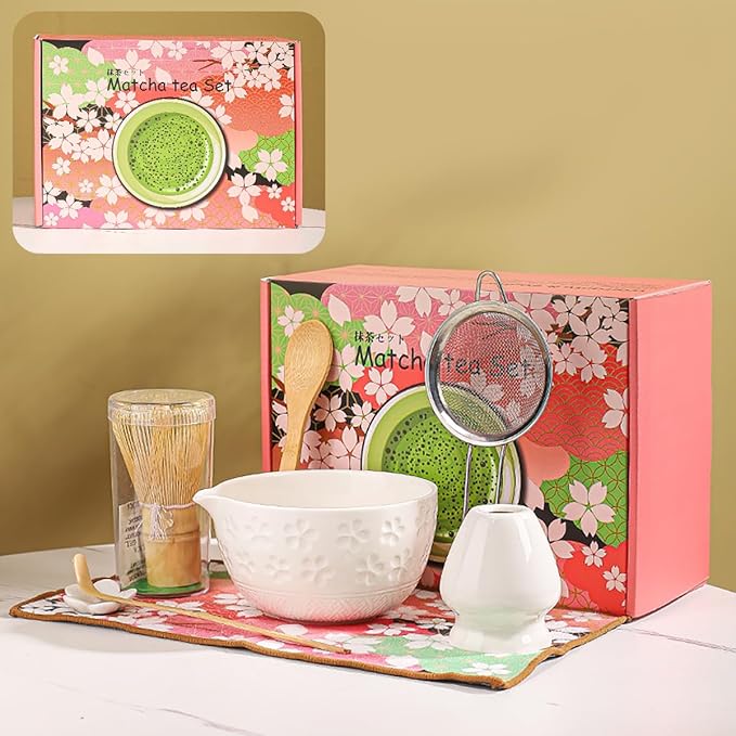 8-Piece Matcha Ceremony Set - Tea Kit with Cherry Blossom Bowl, Bamboo Whisk, Wood Scoops, Tea Cloth & Floral Display - Gift-Ready Pink Cherry color box (white)