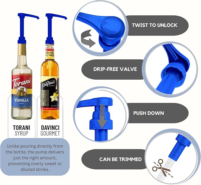 Syrup Pump Compatible with Torani, Davinci and Skinny (Set of 2) - fits Bottles (25.4 oz-750ml) (Blue) - Image 3