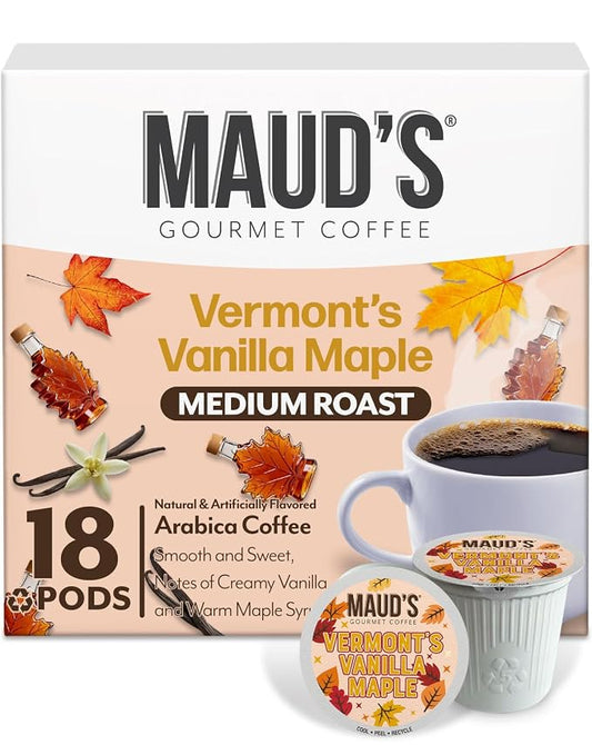 Maud's Maple Vanilla Flavored Coffee Pods, 18 ct, Medium Roast Flavored Coffee in Single Serve Pods – 100% Arabica Beans, Compatible with Keurig K Cups Maker by MAUDSCOFFEETEA