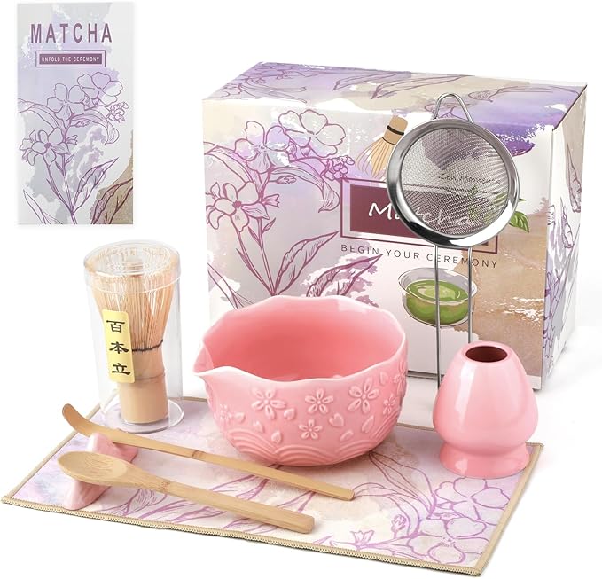 Matcha Whisk Set, 8 Pcs Matcha Kit with Ceramic Japanese Matcha Bowl & Accessories Kit for Traditional Tea Ceremony, Home Use & Gifts for Matcha Lovers (Pink)