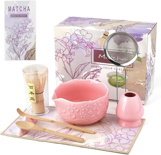 Matcha Whisk Set, 8 Pcs Matcha Kit with Ceramic Japanese Matcha Bowl & Accessories Kit for Traditional Tea Ceremony, Home Use & Gifts for Matcha Lovers (Pink)