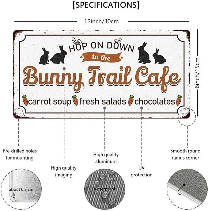 Bunny Trail Cafe Vintage Metal Tin Sign Bunny Rabbit Carrot Print Poster Art Wall Decor Easter Cute Novelty Sign for Home Farmhouse Kitchen Coffee Bar Yard Garden 6x12 Inch - Image 2