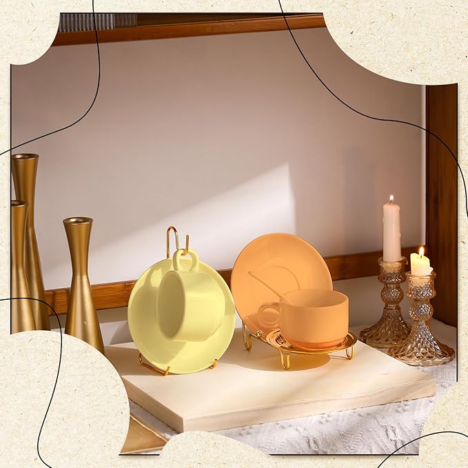 4 Pcs Tea Cup Display Stand Gold Metal Saucer Racks Tea Cup Holder China Display Stand Picture Frames Book Card Mug Organizer Bowl Decorative for Kitchen Table Plate Art