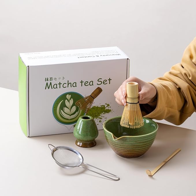 Traditional Matcha Tea Ceremony Set with Ceramic Bowl, Bamboo Whisk, Stand and Strainer, 5-Piece (green)