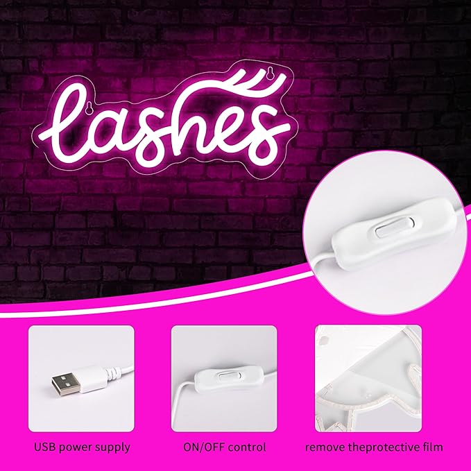 Lashes Neon Sign for Girls Lady Text Led Neon Light for Wall Decor Pink Led Lights for Bedroom Lashes Salon Beauty Room Eyelash Business Makeup Rooms Lash Studios Size 12.0 * 5.1in(XD076)
