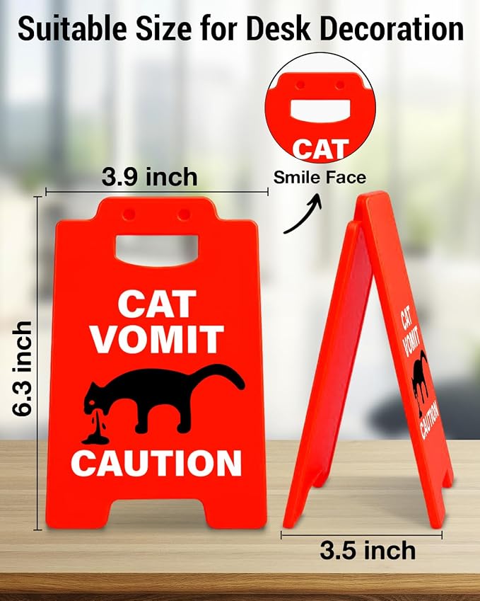 Funny Cat Vomit Caution Sign, Humor Desk Decor for Cat Lovers, Perfect Gag Gift for Pet Owners Friends, Cats Themed Home Office Decor - Image 2