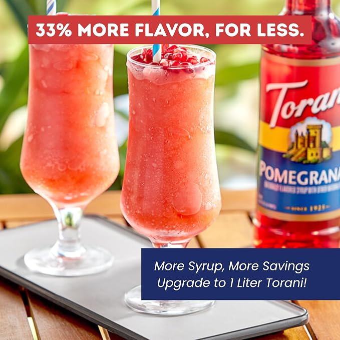 Torani Pomegranate Syrup 1 Liter Bottle with Pump – Premium Drink Flavoring Made with Pure Cane Sugar & Natural Flavors for Cocktails, Mocktails, Lemonades & Teas – Tart Fruity Sweetener - Image 4