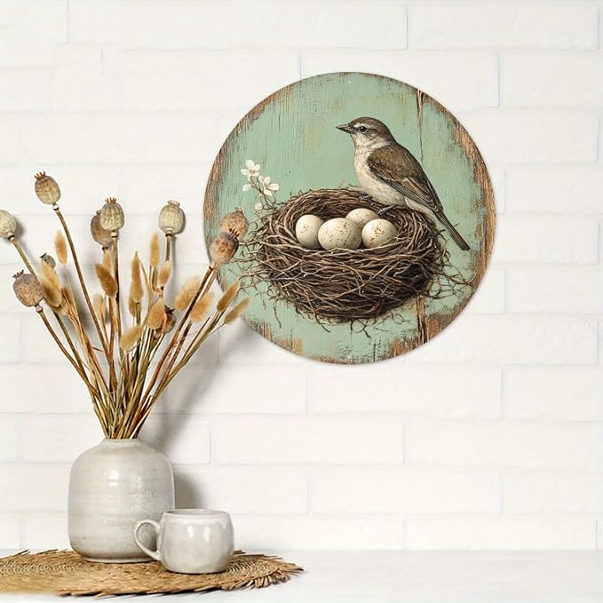1pc Vintage Bird and Egg in Nest Round Aluminum Sign, 8x8 Inch Farmhouse Wall Decor with Pre-Drilled Holes, Durable Garden Yard Art for Home,Halloween & Christmas Gifts, Outside Decor - Image 5