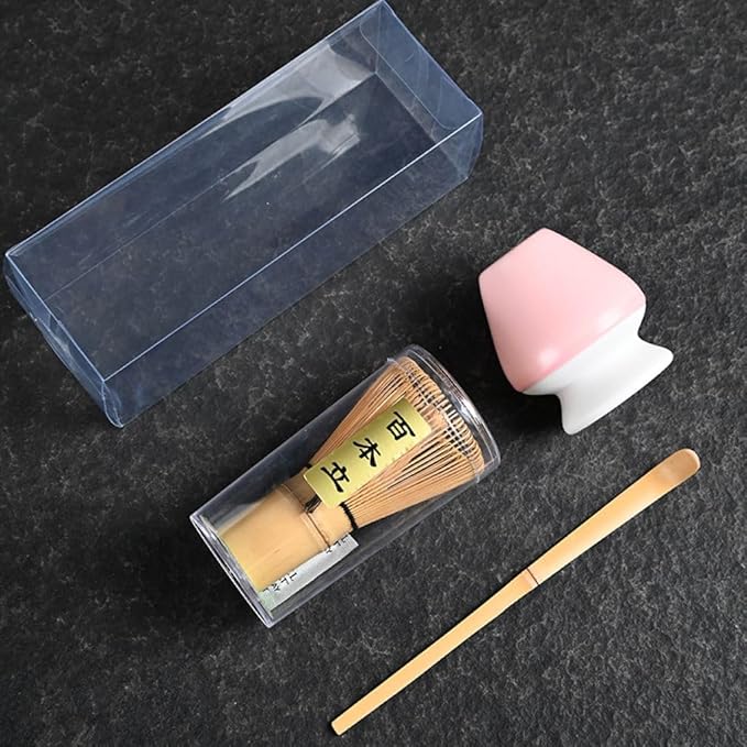 Japanese Matcha Tea Set, Bamboo Whisk (Chasen) + Matcha Scoop (Chashaku)+Ceramic Whisk Holder,fit for Japanese Tea Matcha Tea,Matcha Latte Accessories (M)