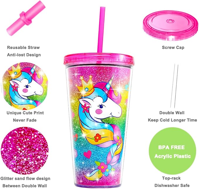 Home Tune Cute Glitter Tumbler Cups with Lid and Straw, Double Wall Insulated Acrylic Cup, 22 oz / 650ml (Unicorn)