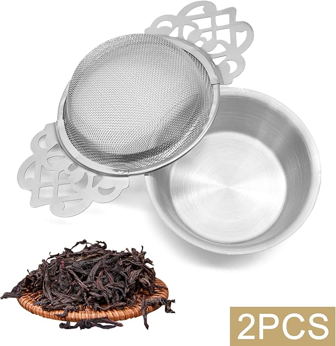 2 Pack Tea Strainers with Drip Bowls Stainless Steel Mesh Tea Infusers Loose Leaf Tea Filter with Handles Tea Steeper for Tea Juice Coffee Drinks, Silver