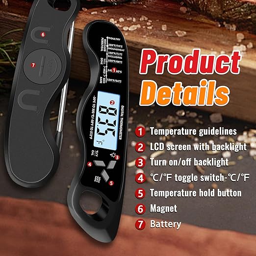 Meat Thermometer, IP67 Waterproof Digital Meat Thermometer with Backlight, Hold Function & Magnet for Grill, BBQ, Candy, Beef,Turkey
