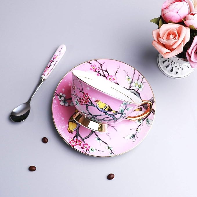 YBK Tech Euro Style Cup& Saucer Set Art Bone China Ceramic Tea Coffee Cup for Breakfast Home Kitchen- Birds and Trees Patterns (Pink)