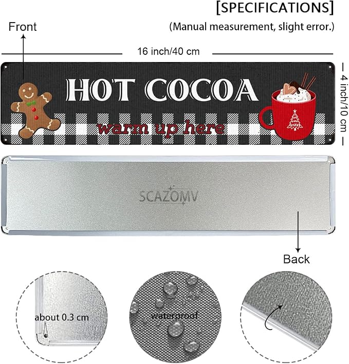 Hot Cocoa Warm Up Here Christmas Metal Sign Vintage Print Art Poster Tin Hanging Plaque for Home Kitchen Patio Yard Office Cafe Coffee Bar Front Door Wall Decor Novelty Gift 16" x 4" - Image 2
