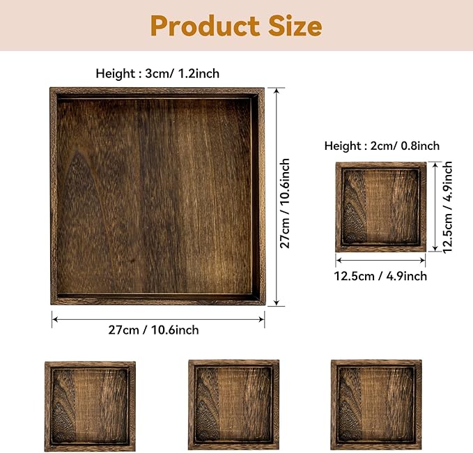 5-Piece Rustic Wooden Serving Tray Set, Handcrafted Nesting Trays with Handles for Ottoman & Coffee Table Decor, Lightweight Paulownia Wood Food Trays for Kitchen, Outdoor Picnic & Parties
