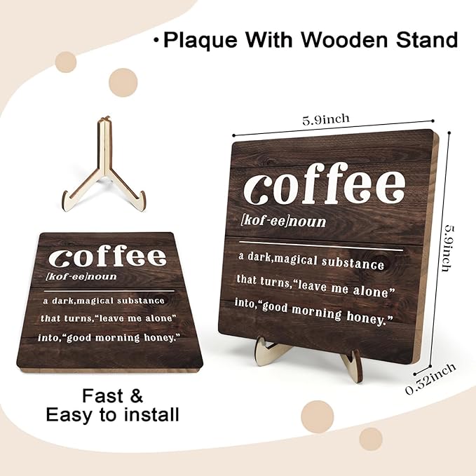Coffee Bar Sign Plaque,Coffee Bar Accessories,Vintage Cafe Bar Plaque Desk Decor for Kitchen Home or Office,Farmhouse Decoration 5.9x5.9inch