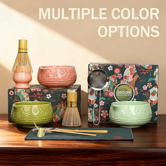 Matcha Whisk Set, Ceramic Bowl with Spout, Bamboo Matcha Whisk & Spoon, Chasen Holder, Scoop Rest, Sifter, 8-Pcs Japanese Ceremony Matcha Powder Kit–Valentine's Day Gift for Women-Pink