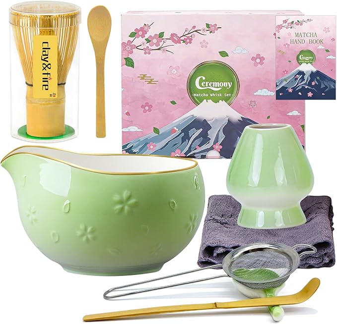 Clay&Fire Matcha Whisk Set, 9 pcs Ceramic Matcha Set, Gifts for Women,Matcha Bowl with Spout and Whisk, Matcha Kit for Matcha Lovers, Ideal Gift Christmas, Birthday, Anniversary (Cherry Bloom-Green)