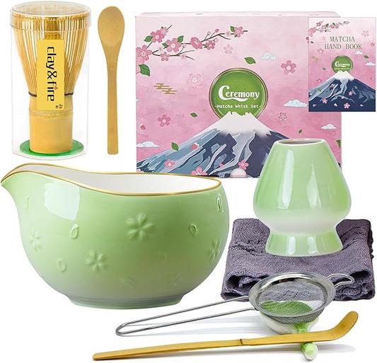 Clay&Fire Matcha Whisk Set, 9 pcs Ceramic Matcha Set, Gifts for Women,Matcha Bowl with Spout and Whisk, Matcha Kit for Matcha Lovers, Ideal Gift Christmas, Birthday, Anniversary (Cherry Bloom-Green)