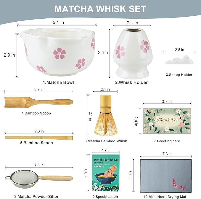 8Pcs Matcha Whisk Set with Floral Ceramic Matcha Bowl, Wooden-Handled Sifter, Bamboo Whisk, Whisk Holder, Bamboo Scoop, Scoop Rest, Spoon, Tea Towel, Greeting card, Gift for Beginners
