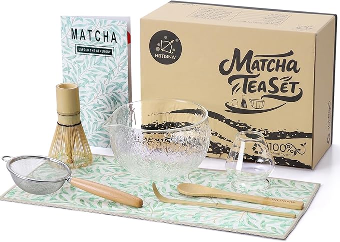 Matcha Whisk Set, 7 Pcs, Matcha Kit Includes Matcha Bowl, Matcha Whisk and Holder, Bamboo Scoop, Spoon, Sifter and Tea Towel, Matcha Set, Gift for Matcha Lovers & Beginners (Transparent Color)