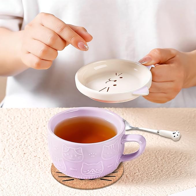 BigNoseDeer Cute Cat Mug Kawaii Tea Cup Purple Ceramic Coffee Mug with lid,Tea Cups and Saucers for Dessert Cute Gifts Cat Gifts for cat Lovers Christmas gifts 10oz(Purple)