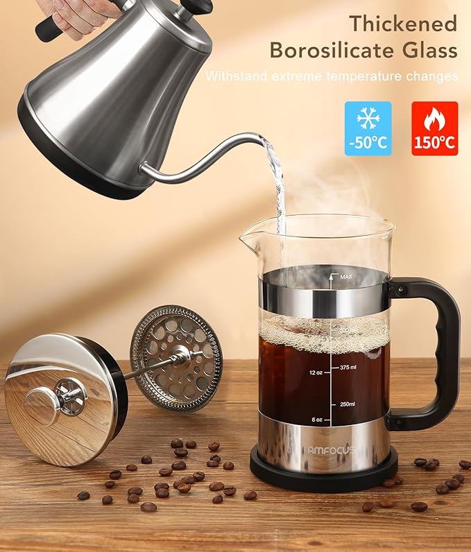 French Press Coffee Maker - 21OZ Classic Glass Coffee Press, Heat-resistant Borosilicate Glass Coffee Pot with 4-Level Disassemble Filters, Portable Cold Brew Coffee Maker for Travel Home Gift(Sliver)
