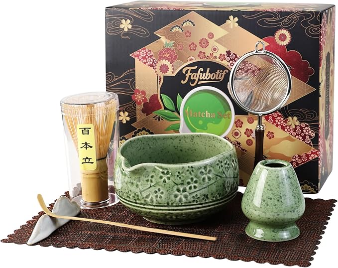 7 Pcs Matcha Whisk Set, Ceremony Matcha Kit with Matcha Bowl, Bamboo Whisk and Holder, Scoop and Scoop Rest, Sifter and Tea Towel, Gift for Matcha Lovers (Mottled Green/Cherry Blossom-Patterned)