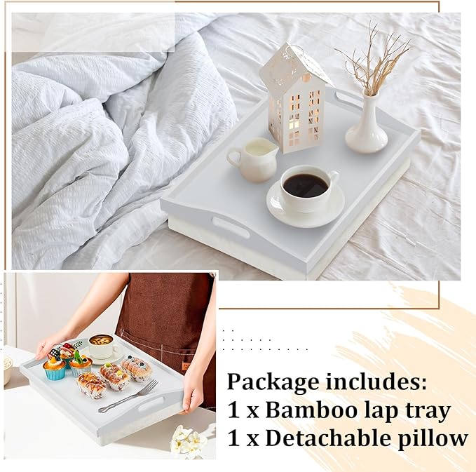 Tioncy 1 Piece Bamboo Lap Tray with Detachable Pillow 16.9'' x 13'' Lap TV Trays Desk with Handles for Adults Eating in Recliner Breakfast Housewarming Gift (White)