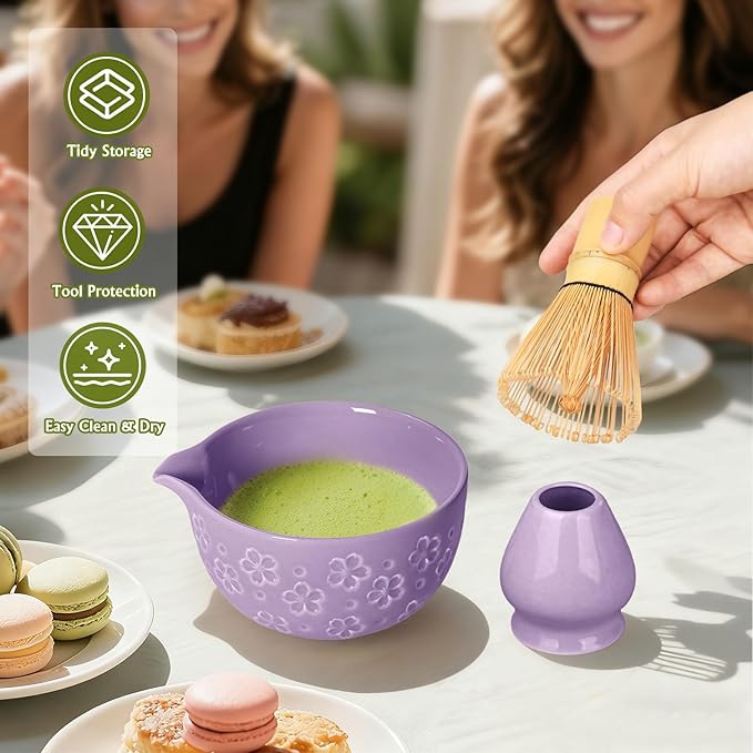 Matcha Whisk Tea Set Kit: Japanese Matcha Kit - Ceramic Bowl Bamboo Whisk Chasen Holder spoon Measuring Scoop Sifter - Traditional Practical for Tea Ceremony Breakfast Lattes - Home Kitchen Christmas