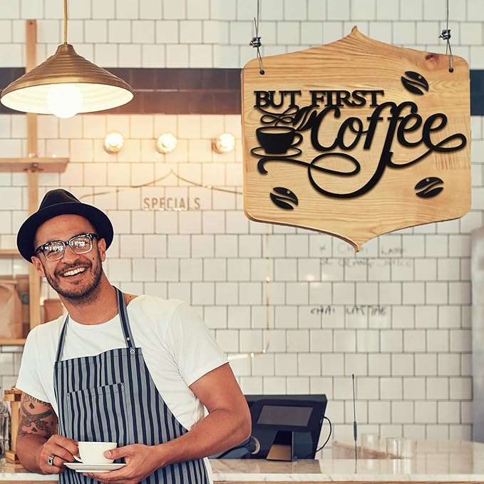 Ferraycle Coffee Bar Decor Metal Rustic Sign Hanging Wall Art for Home Office Kitchen (But First Coffee)