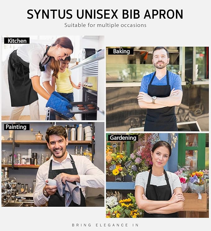 Syntus Apron for Men Women, Adjustable Cooking Kitchen Chef Aprons with 2 Pockets, Cotton/Polycotton/Polyester