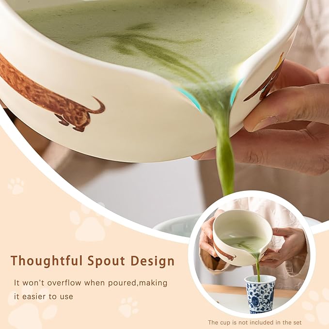 Matcha Set with Dog Pattern, Japanese Matcha Whisk Set Includes Matcha Bowl with Spout, Whisk Holder, Bamboo Whisk and Scoop, Matcha Sifter, 17 oz Ceramic Matcha Kit for Tea Lovers (Beige)