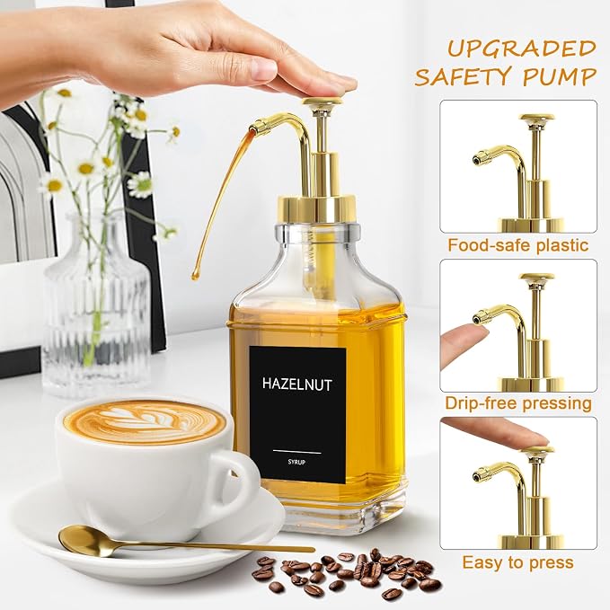 Coffee Bar Accessories, Coffee Syrup Dispenser 16.9 fl oz/500ml, Glass Syrup Dispenser with Gold Pump Dispenser, Labels, Spoons for Coffee Bar, 4 Pack - Image 3