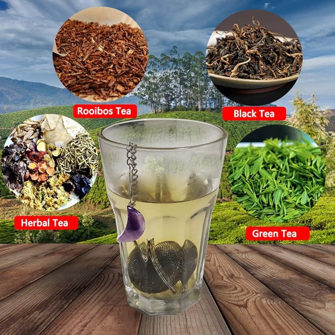 2pcs Tea Strainers, Scdom Stainless Steel Ball Mesh Tea Infusers, Amethyst & White Crystal Moon Pendant Tea Ball Tea Filter with Extended Chain Hook for Brew Fine Loose Tea and Spices & Seasonings