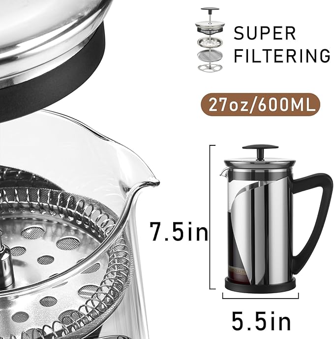 KYZ French Press Coffee Maker, 304 Stainless Steel with 4 Level Filter, 20oz Borosilicate Glass Coffee Press, Heat Resistant, Easy to Clean, 100% BPA Free for Coffee & Tea