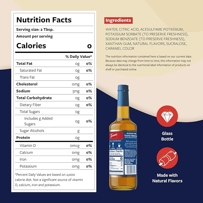 Torani Sugar Free Coffee Syrup, Toasted Marshmallow Flavored Syrup for Drinks, Zero Calorie, Glass Bottle with Pump Included, 25.4 Fl Oz