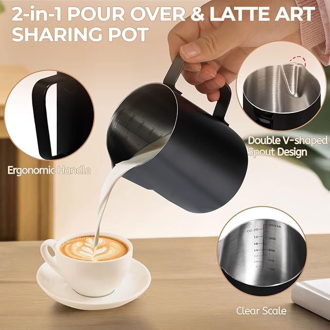 Pour Over Coffee Maker 600ml Milk Frothing Pitcher 304 Thickened Stainless Steel Drip Coffeemaker Set with 50pcs V60 Cone Paper Filters Hand Brew Dripper Carafe for Home Camping Travel 20oz