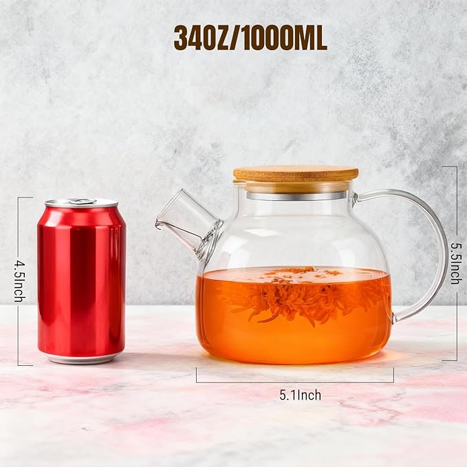 PARACITY Glass Teapot Stovetop 34oz/1000ml, Borosilicate Clear Tea Kettle with Removable 18/8 Stainless Steel Infuser,Glass Tea Kettle with Wooden Lid, Teapot for Loose Leaf Tea Fruit Tea Fragrant Tea