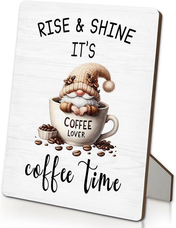 Coffee Bar Sign, Gnome Coffee Cup Wooden Stand Sign 5"X7", Espresso Lovers Gifts Signs Decorations for Cafe Coffees Station Shop Home Kitchen Table Desk Decor(5x7 Inch) by Unknown