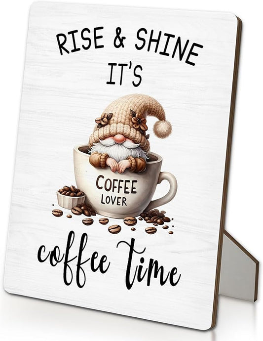 Coffee Bar Sign, Gnome Coffee Cup Wooden Stand Sign 5"X7", Espresso Lovers Gifts Signs Decorations for Cafe Coffees Station Shop Home Kitchen Table Desk Decor(5x7 Inch) by Unknown