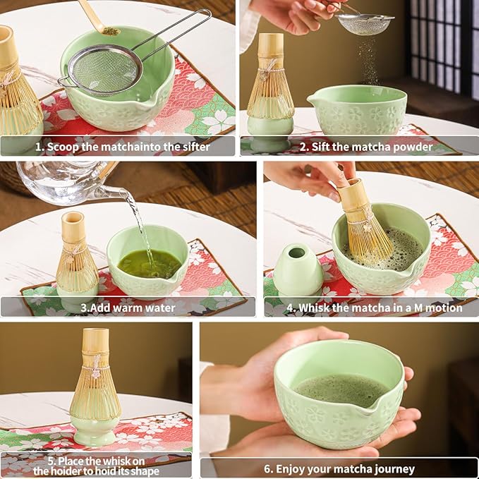 8-Piece Matcha Ceremony Set - Tea Kit with Cherry Blossom Bowl, Bamboo Whisk, Wood Scoops, Tea Cloth & Floral Display - Gift-Ready Pink Cherry color box (green)