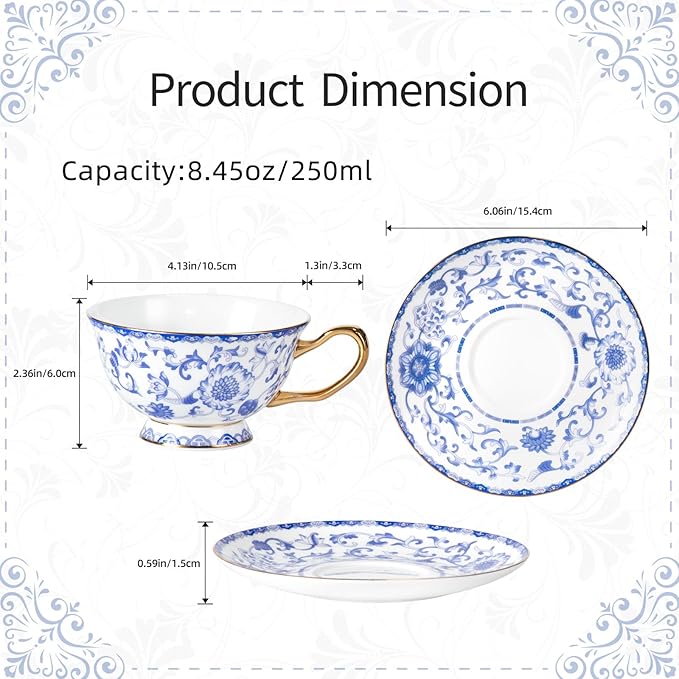 KAMMAK Tea Cups and Saucers Set of 2, Fine Bone China Coffee Cups, Stackable Espresso Mugs, Ceramic Demitasse for Coffee, Cappuccino, Latte, Americano, Tea, Enamel - Blue