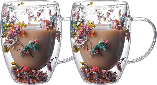 Double Wall Coffee Mugs Set of 2 Insulated Glass Cup Set Newly Wed Engagement Anniversary His and Hers Christmas Gifts for Couples