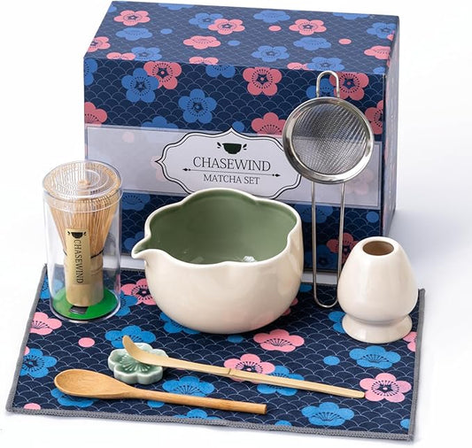 Matcha Set, 8Pcs Floral Ceramic Matcha Kit with Matcha Whisk, Holder, Scoop, Scoop Rest, Sifter, Spoon and Tea Towel - Thoughtful Matcha Whisk Set Gift for Matcha Lovers (Beige & Green)