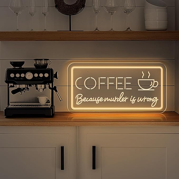 COFFEE Because Murder Is Wrong Neon Sign - Funny Cafe Dimmable Art LED Light Decor Fits Warm Tones For Kitchen，Bar，Coffee Shop，Restaurant，Parties, Wall and Window Display (USB Powered and 3D Engraved)