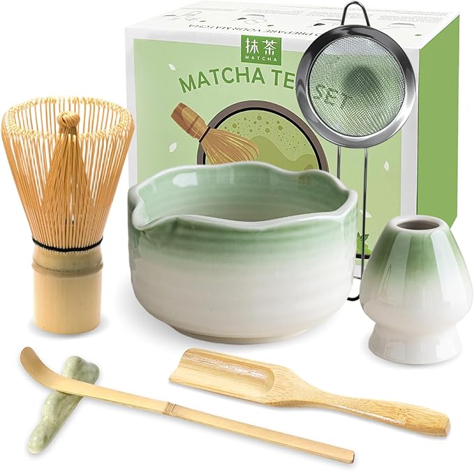 JBER Matcha Whisk Set, Ceramic Matcha Kit Includes Bowl with Spout, Matcha Whisk (Chasen) and Holder, Sifter, Scoop, Spoon & Rest - 7PCS Matcha Set for Matcha Lovers Ceremony, Gradient Light Green